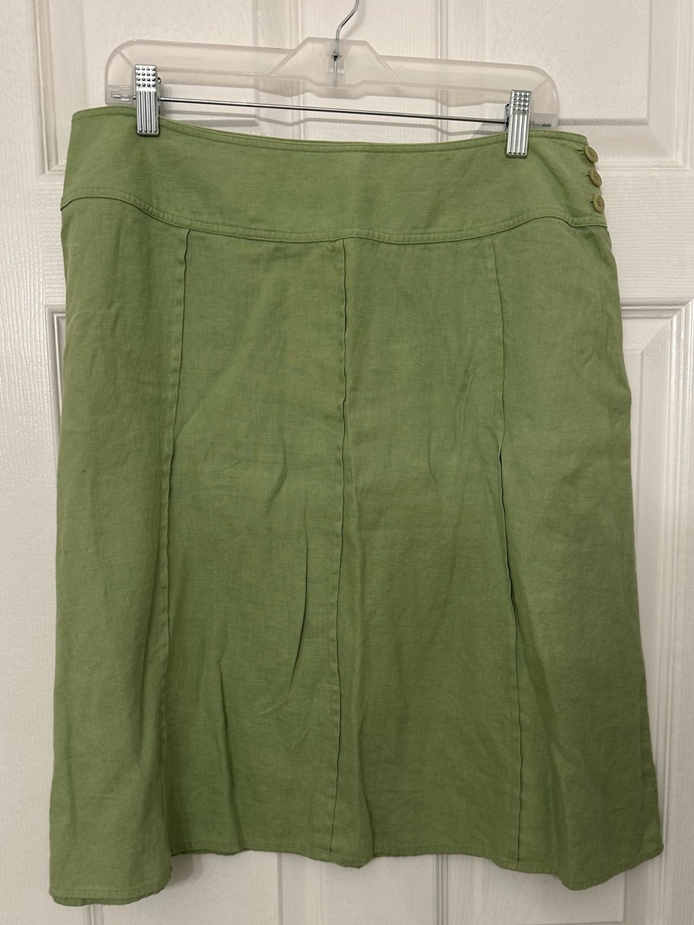 Style & Co Sage Green 100% Linen A-Line Skirt Side Zip Button Detail Size 14